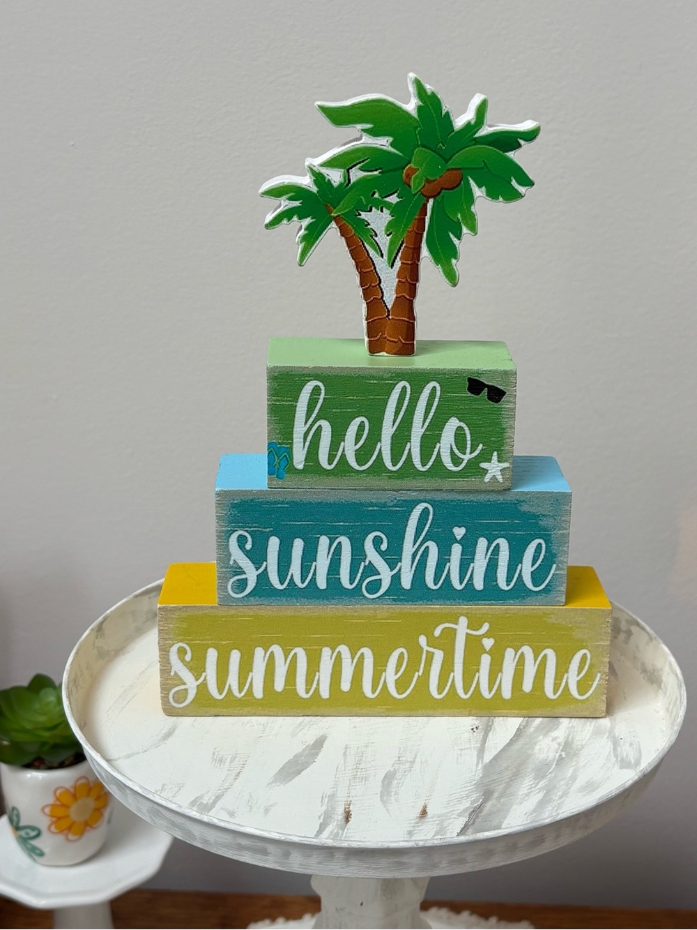 Hello Sunshine Summertime Decorative Wooden Stack - Green/Blue/Yellow